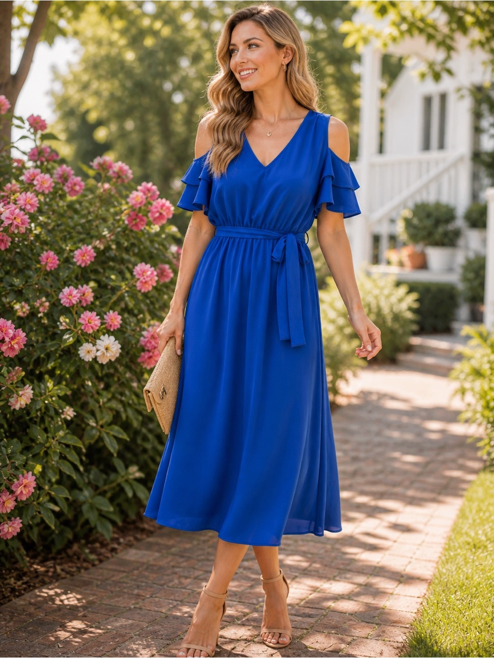 Ann Taylor Blue Cold Shoulder Midi Dress Size 4 Belted Fit & Flare Elegant